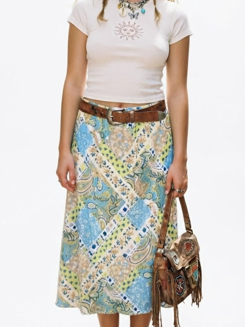 NYCC Vintage Patchwork Paisley Midi Skirt - Boho Chic Stretchy Blue M/L